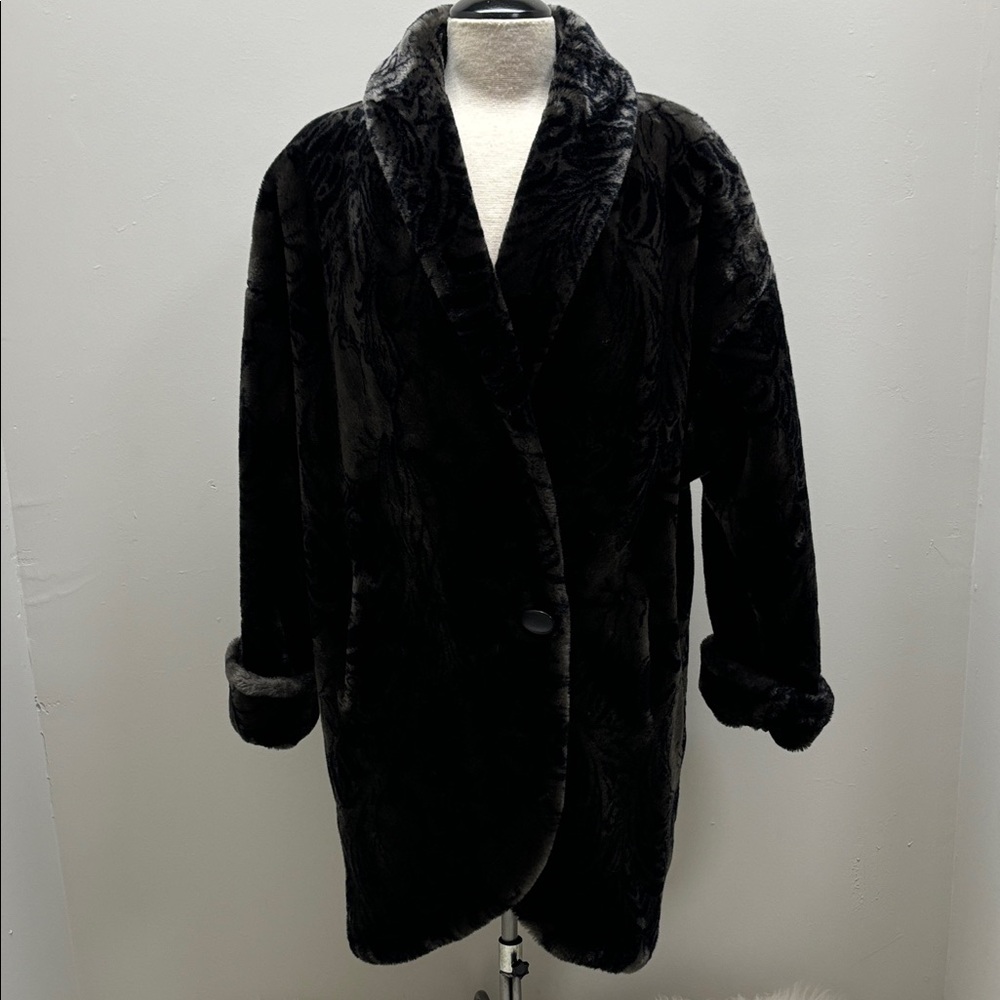 Vintage Kent Street Faux Fur Minky Coat Brown Black Shawl Collar SZ M